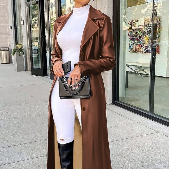 Khaki Elegant Women's Faux Leather Button Warm Long Sleeve Coat - Picture 1 of 7